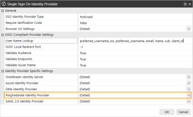 The Single Sign On Identity Provider dialog box has a grid with row headings that have a gray background with black text and can be expanded to display fields with a white background and black text. In this example, in the Identity Provider Specific Settings section, PingFederate Identity Provider is highlighted.